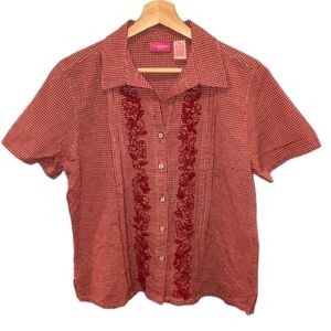 Cappagallo Petite size small red & white button down short sleeve shirt